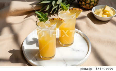 Refreshing Tropical Pineapple Juice with Mint Garnish and Fresh Fruit on Table 131705959