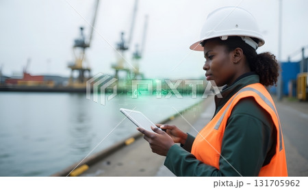 Female Construction Worker Using Tablet at Port with Cranes in Background 131705962