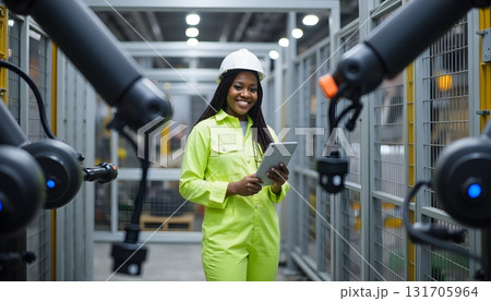 Smiling Woman in Safety Gear Using Tablet in Modern Warehouse with Robotic Arms 131705964