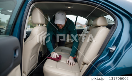 Person Cleaning Car Interior with Cloth and Wearing Cap in a Sedan Vehicle 131706002