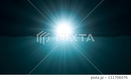 Bright Sunlight Emerging from Dark Clouds Over Calm Water Surface 131706076