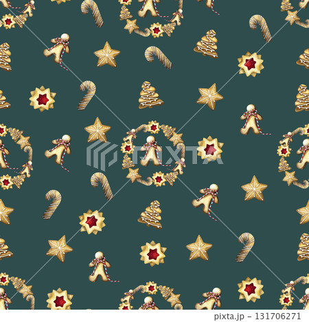 Christmas baking  seamless pattern with lemon and cinnamon sticks . Cozy winter wallpaper. Watercolor illustration for wrapping paper, wallpaper, package design.  131706271
