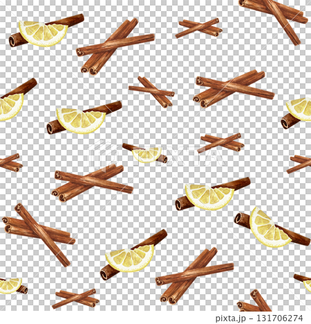 Christmas baking  seamless pattern with lemon and cinnamon sticks . Cozy winter wallpaper. Watercolor illustration for wrapping paper, wallpaper, package design.  131706274