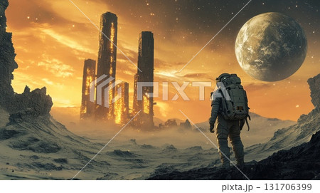 Astronaut exploring alien landscape with towering structures and distant planet in the background 131706399