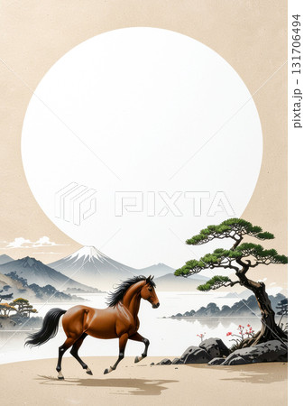 干支の馬と和柄模様の年賀状背景 イラスト素材 generative ai 131706494