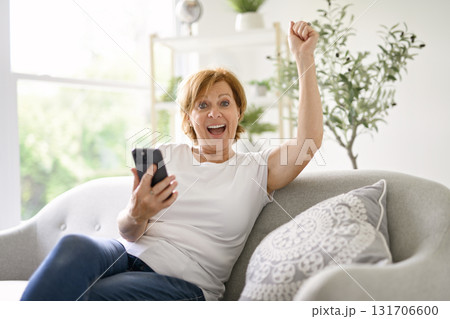 senior woman relaxing at home on the sofa reading her text messages on her mobile phone with a quiet smile 131706600