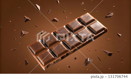 Delicious dark chocolate bar surrounded by flying chocolate pieces in a rich brown background 131706744
