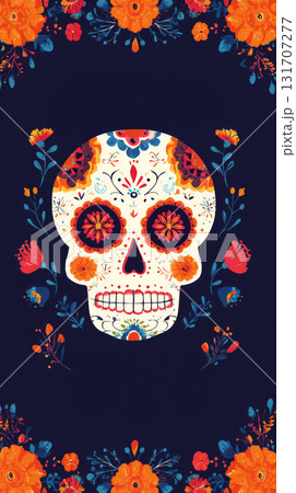 A decorative sugar skull featuring intricate designs and bright flowers on a dark blue background, symbolizing the vibrancy of Day of the Dead festivities 131707277