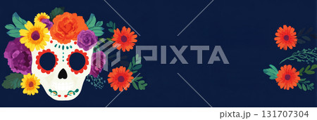 A sugar skull painted with bright colors and decorated with flowers sits against a dark background. This traditional symbol is central to Day of the Dead celebrations, honoring loved ones A sugar skull painted with bright colors and decorated with flowers sits against a dark background. This traditional symbol is central to Day of the Dead celebrations, honoring loved ones 131707304