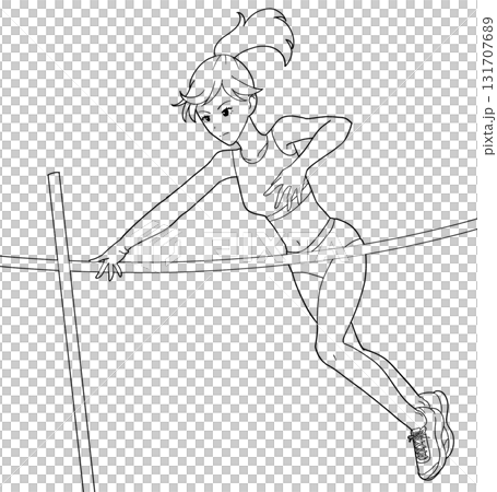 一個女孩撐竿跳的黑白插圖 一個女孩撐竿跳的黑白插圖 131707689