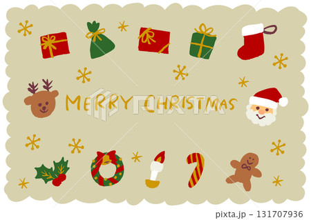 手描き風のサンタクロースやトナカイ、雪だるまやプレゼントなどが描かれた楽しいクリスマスイラストセット 手描き風のサンタクロースやトナカイ、雪だるまやプレゼントなどが描かれた楽しいクリスマスイラストセット 131707936