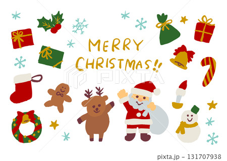 サンタクロースやトナカイ、雪だるまやリースなどを集めた手描き風のクリスマスアイコンセット 131707938