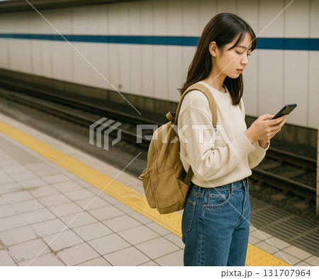 駅のホームに立つリュックの女性 131707964