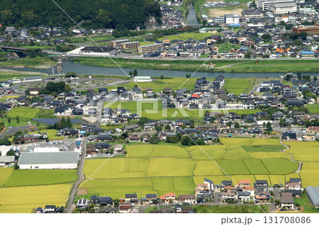 大分県玖珠町　伐株山山頂の眺望　玖珠盆地の田園風景と町並み 131708086