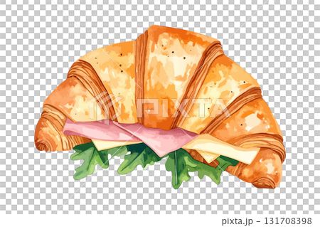 Watercolor illustration of a croissant sandwich generated by AI 131708398