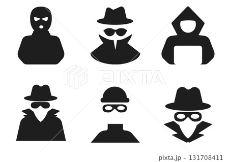 Incognito anonymous bandit set character silhouette icon, hacker or scammer with hidden face, villain. Thief, criminal, robber simple sign.  131708411