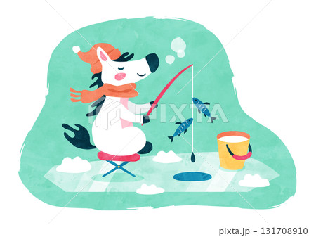 ワカサギ釣りをする馬 午年の冬の水彩イラスト 131708910