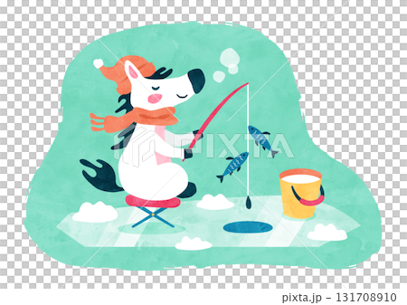 ワカサギ釣りをする馬 午年の冬の水彩イラスト 131708910