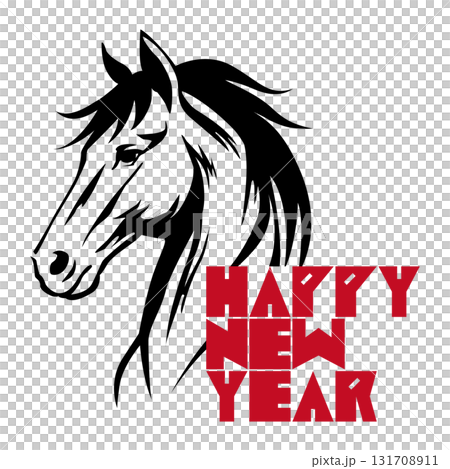 馬的輪廓和新年快樂標誌（新年賀卡插圖素材） 131708911