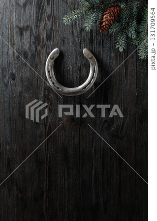 Old horseshoe and spruce branches on a wooden background. 131709564