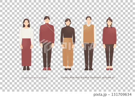 Vector illustration of a group of five young people in casual autumn attire standing facing forward 131709634