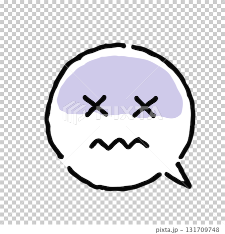 A pale face with crossed eyes, hand-drawn, white speech bubble 131709748