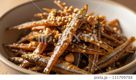 Closeup of Korean Stir-Fried Anchovies with Peanuts and Sesame 131709788