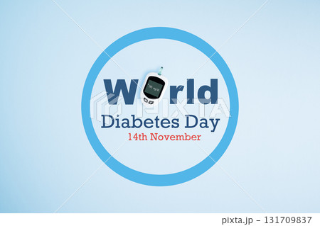 Blue circle symbol with glucose meter and World Diabetes Day inscription, global awareness poster, health and medical concept. World diabetes day banner for design. 131709837