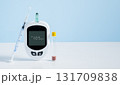 Diabetes treatment composition, glucose meter with insulin vial and injection syringe, medical control of sugar level, healthcare concept. Diabetes, blood sugar testing and insulin therapy concept. 131709838