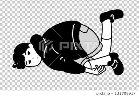 Illustration of a child lying down and raising his legs (monochrome line drawing) Illustration of a child lying down and raising his legs (monochrome line drawing) 131709917