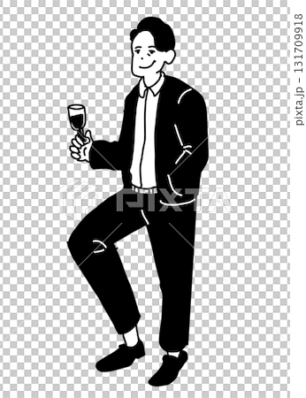 一名男子手持酒杯的插圖（單色線條畫） 131709918