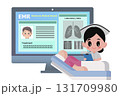 Cartoon picture of electornic medical record on computer monitor with working nurse. 131709980
