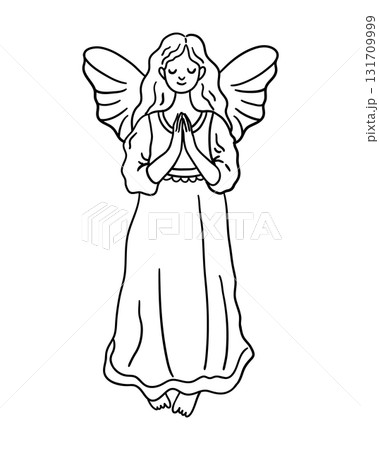Angel with wings and hands in prayer. Hand drawn illustration in line style. 131709999
