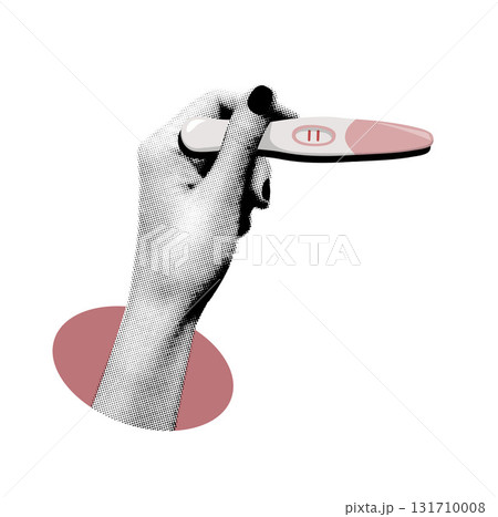 A cut out woman s hand with a positive pregnancy test is a modern vector illustration with a vintage dotted texture on a transparent background. Point of view shot. Top down view. Trendy halftone 131710008