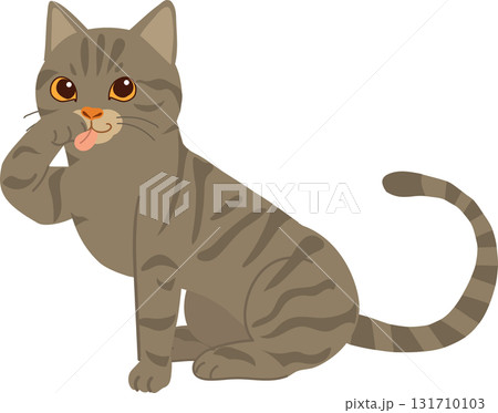 cute tabby cat licking paw, brown striped cat grooming itself, adorable domestic pet cartoon artwork for animal lovers and cat themed cute tabby cat licking paw, brown striped cat grooming itself, adorable domestic pet cartoon artwork for animal lovers and cat themed 131710103