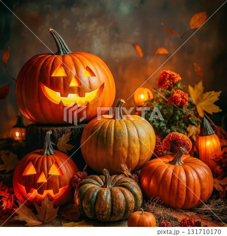 Glowing jack-o-lanterns with pumpkins and autumn leaves on wooden table 131710170
