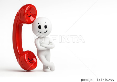Smiling mascot with red retro phone receiver, contact 131710255