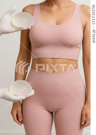 Plastic surgeon showing silicone breast implants to woman in pink sportswear during consultation for augmentation surgery Plastic surgeon showing silicone breast implants to woman in pink sportswear during consultation for augmentation surgery 131710256