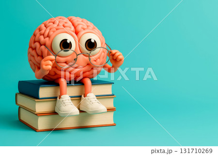 Cute brain character with glasses sitting on stack of books on turquoise background, study and knowledge concept Cute brain character with glasses sitting on stack of books on turquoise background, study and knowledge concept 131710269
