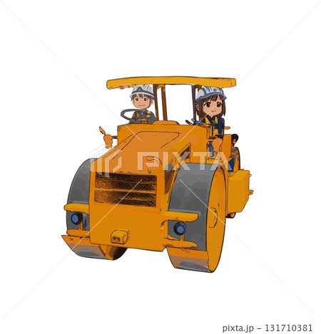 建設土木舗装工事現場の締固機械のマカダムローラのロードローラーを操縦するオペレーターと作業員 131710381