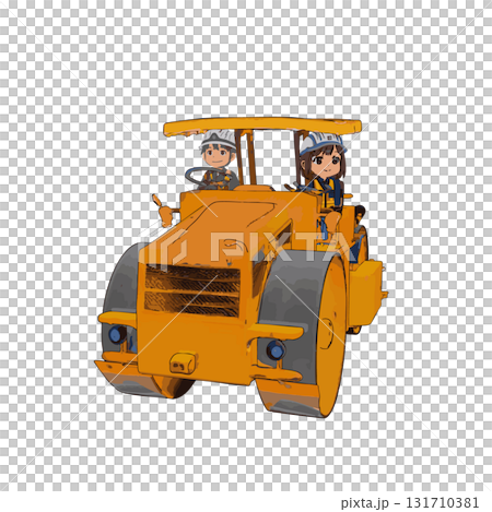 建設土木舗装工事現場の締固機械のマカダムローラのロードローラーを操縦するオペレーターと作業員 131710381