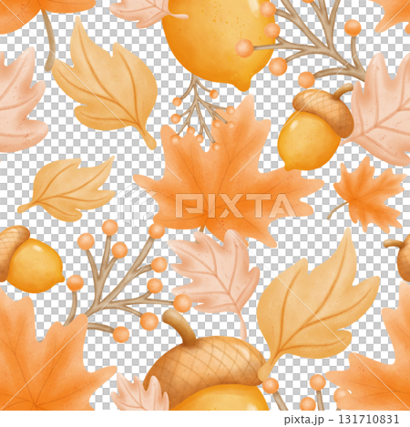 Thanksgiving seamless watercolor pattern with pumpkin turkey and autumn leaves 131710831
