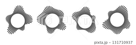 Circular sound wave visualization with radial black lines. Four variations of radial audio frequency patterns in monochrome. Rhythmic pulse representations for music or acoustic design elements. 131710937