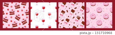 Set of seamless patterns with pixel cake, chocolate and donut. Hand drawn vector illustration for wrapping paper, textile, fabric. 131710968