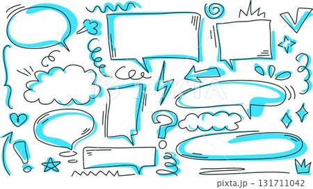 Hand drawn set of notes, arrows, lines, highlights, signs, and symbols with blue accent 131711042