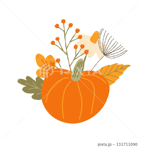 Colorful autumn pumpkin and forest leaves and flowers clipart. Vector illustration Isolated on white background. Seasonal harvest design for greeting or poster. Colorful autumn pumpkin and forest leaves and flowers clipart. Vector illustration Isolated on white background. Seasonal harvest design for greeting or poster. 131711090