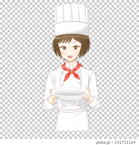 Smiling female pastry chef holding plates arranged on a transparent background 131711124