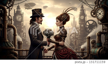 A couple dressed in elaborate vintage clothing stands amid a steampunk cityscape, holding a bouquet. Clocktowers, gears, and airships fill the background, creating a retro-futuristic ambiance 131711159