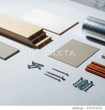 Wooden boards, metal sheets, screws, nails, and pipes are neatly arranged on a flat surface, showcasing an assortment of construction materials and hardware components Wooden boards, metal sheets, screws, nails, and pipes are neatly arranged on a flat surface, showcasing an assortment of construction materials and hardware components 131711252
