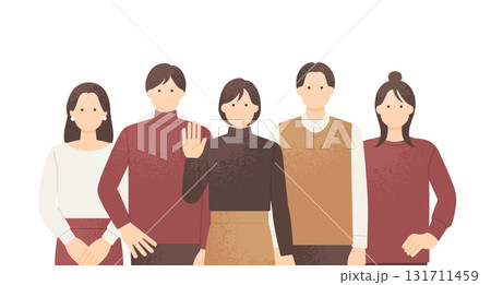 楽しそうにポーズをとる秋服の男女5人グループ 上半身イラストセット 楽しそうにポーズをとる秋服の男女5人グループ 上半身イラストセット 131711459